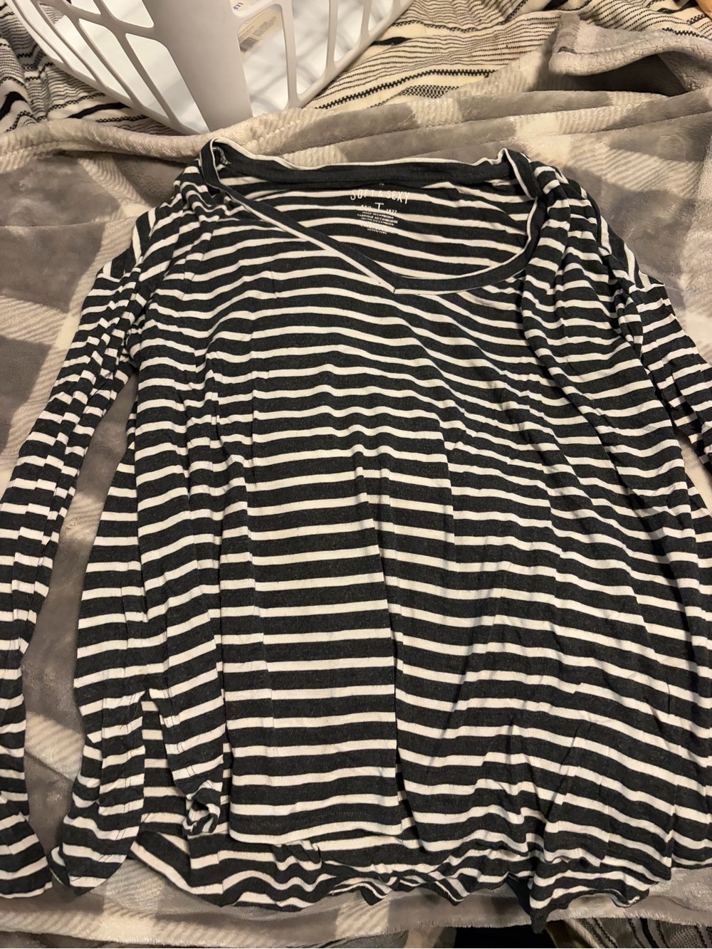 American Eagle Outfitters Soft and Sexy Gray and White Striped Long Sleeve Tee